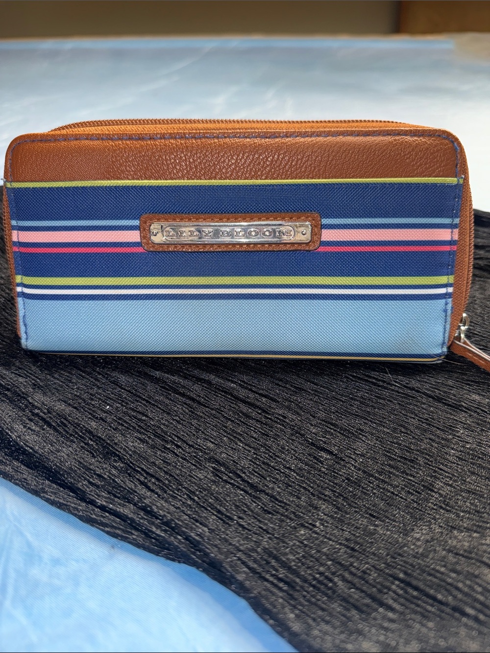 Lily Bloom Brown and Blue Striped Zip Wallet